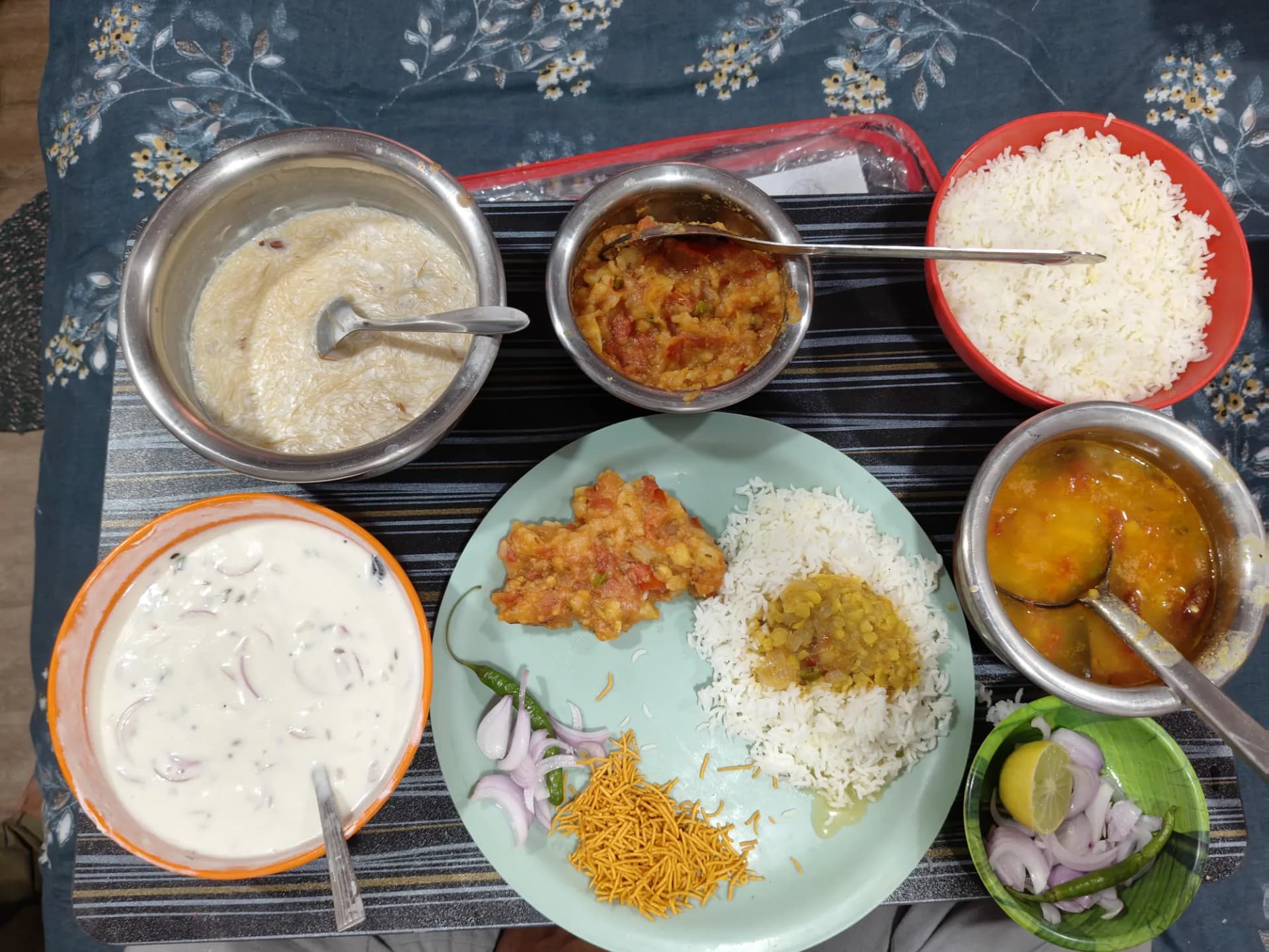Homestyle thali — rice, dal, raita & sabzi