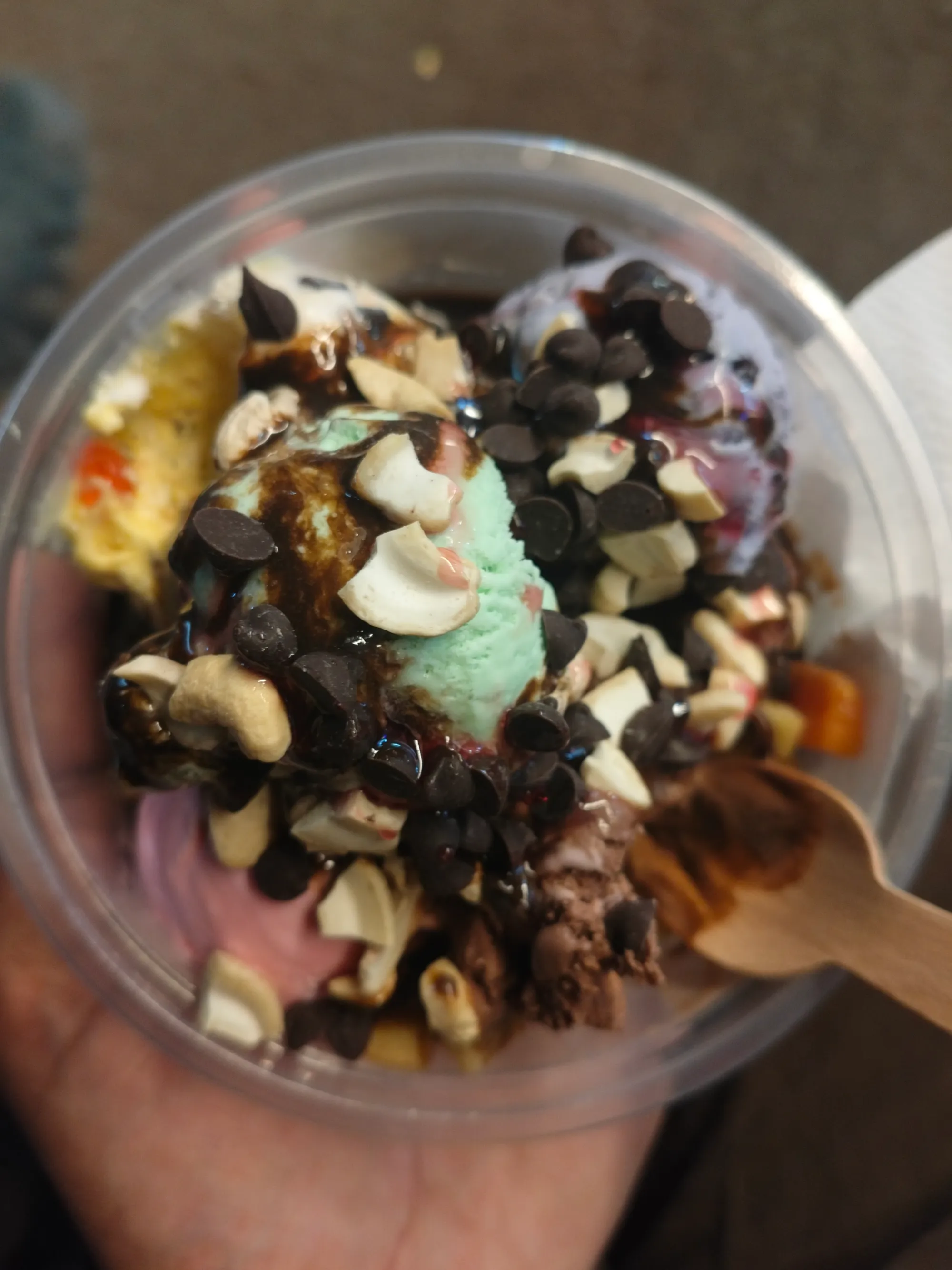 Ice cream sundae loaded with toppings